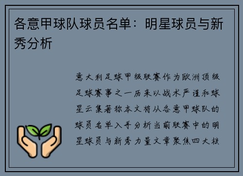 各意甲球队球员名单：明星球员与新秀分析