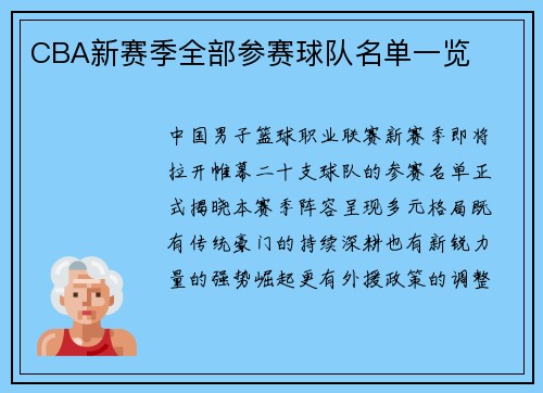 CBA新赛季全部参赛球队名单一览